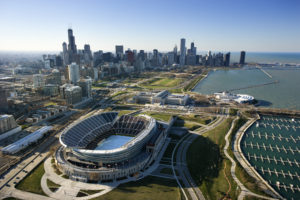 Aerial view of Chicago, Illinois skyline with Soldier Field.